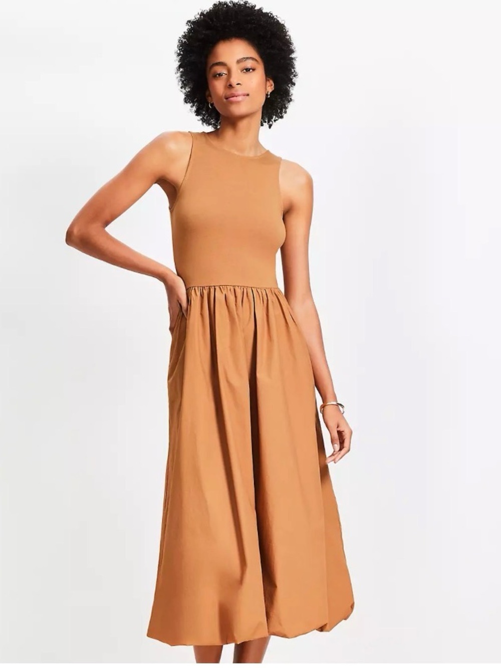 LOFT Poplin Bubble Mixed Media Midi Dress